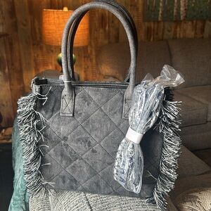 Quilted Fringe Washed Denim Satchel/ Crossbody Bag by Colin Collection